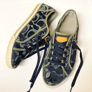 Coach Women’s 10 Monogram Sneakers Smoke/Black/Gray Moss Green Patent Trim